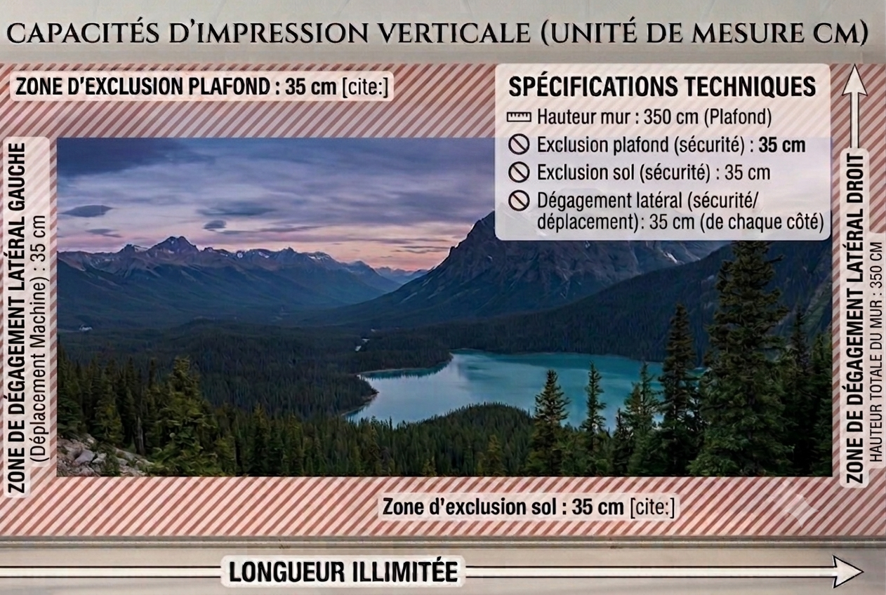 Schéma des capacités d'impression verticale - distances techniques de 35 cm pour l'exclusion plafond, sol et dégagement latéral